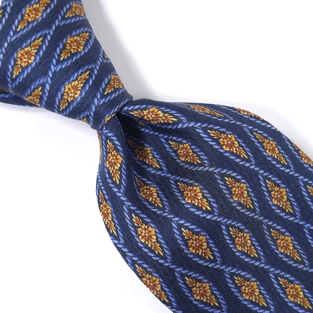 RICHEL ROYAL High End 100% Silk Necktie, Color Blue & Gold, Geometric Pattern.
